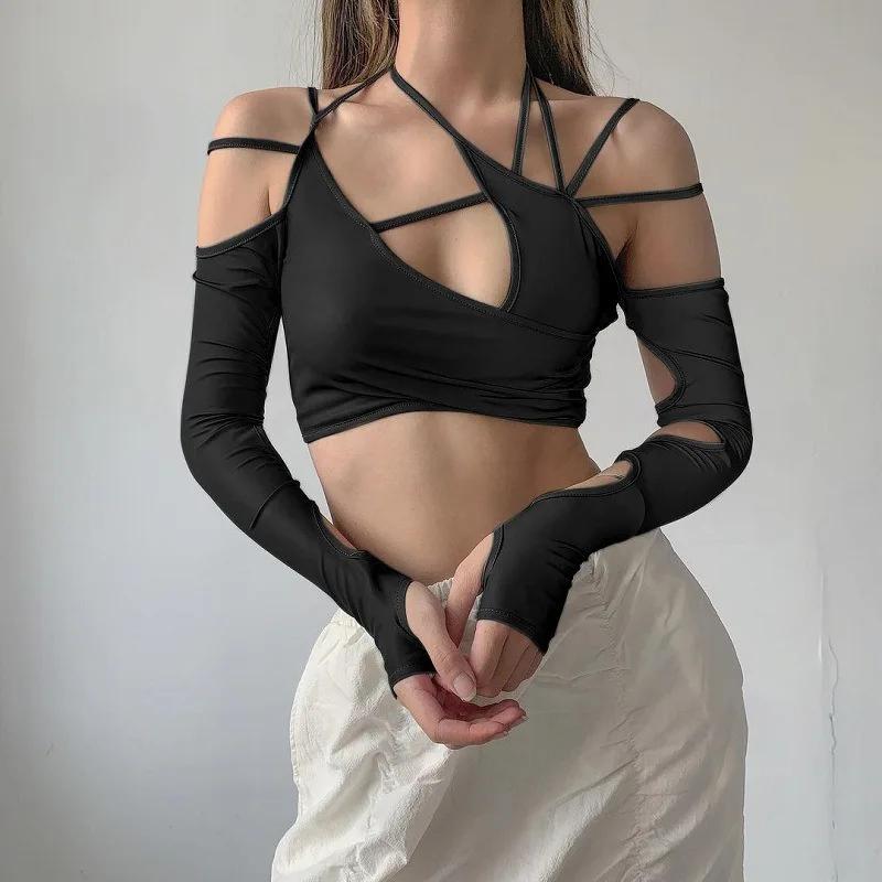 2022 New Cyber Y2k Techwear Punk Women Halter Tops Gothic Egirl Patchwork Long Sleeve Crop Top Sexy Cut Out Casual T